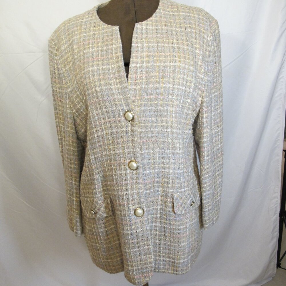 Nicole Summers collarless tan plaid blazer 18